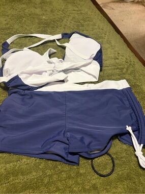 Blue and White Two-Piece Swim Set